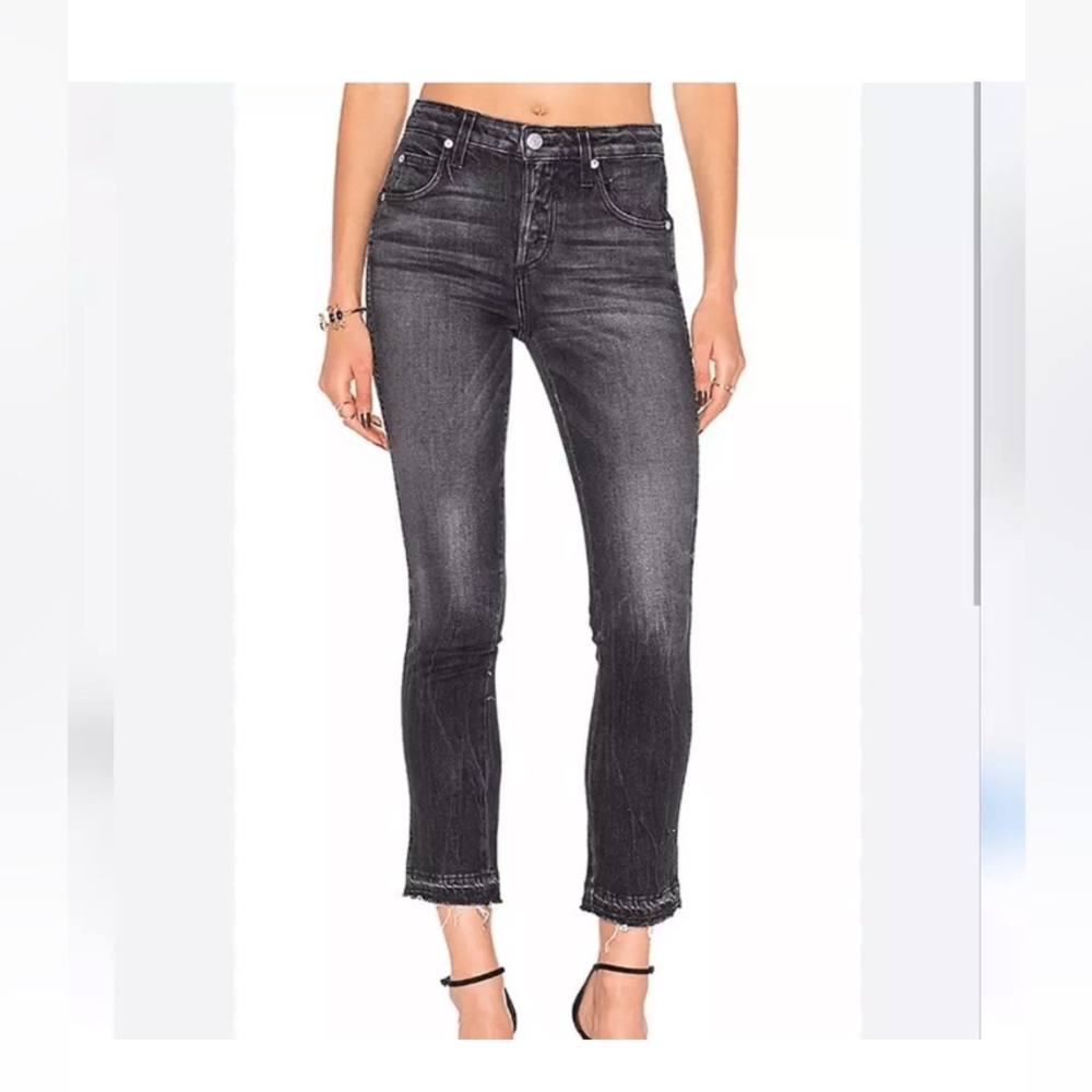 AMO 29 Babe Ink Black Button Fly Jeans Fray Hem High Waist Ankle Anthropologie